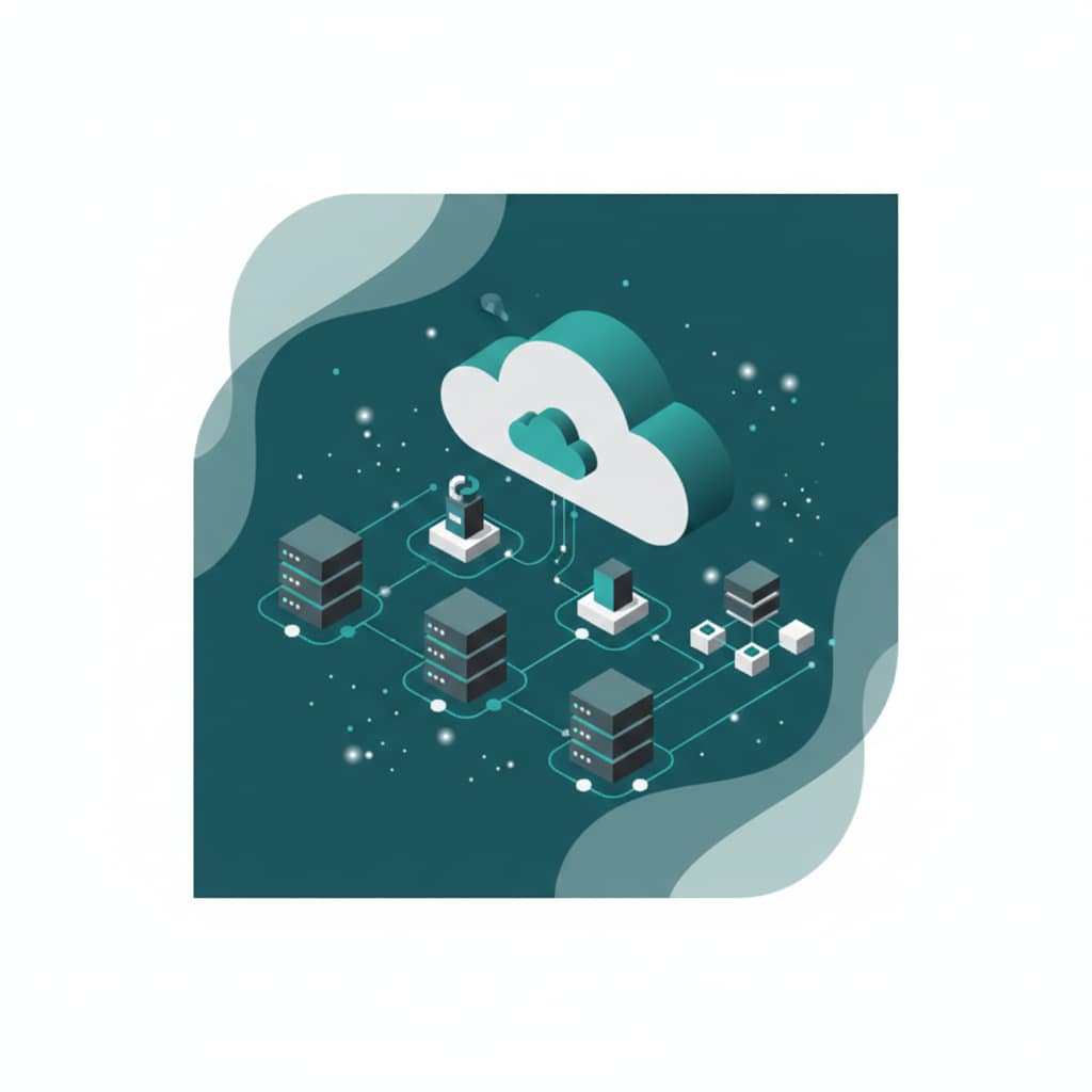 Conceptual illustration showing cloud computing and web system architecture in teal and gray tones
